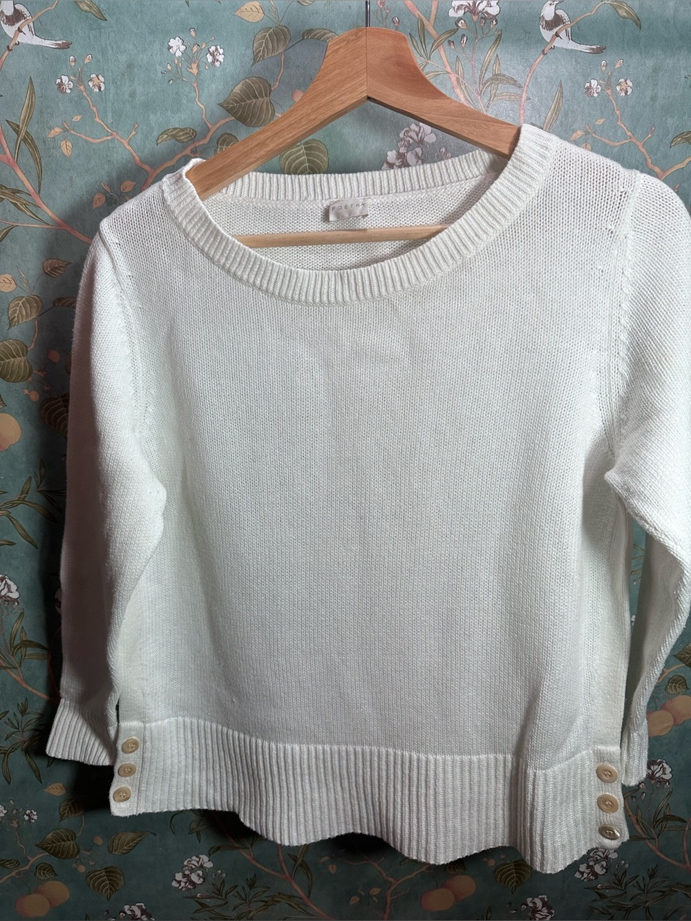 Poetry White Crewneck Sweater with Button Hem Cotton & Linen